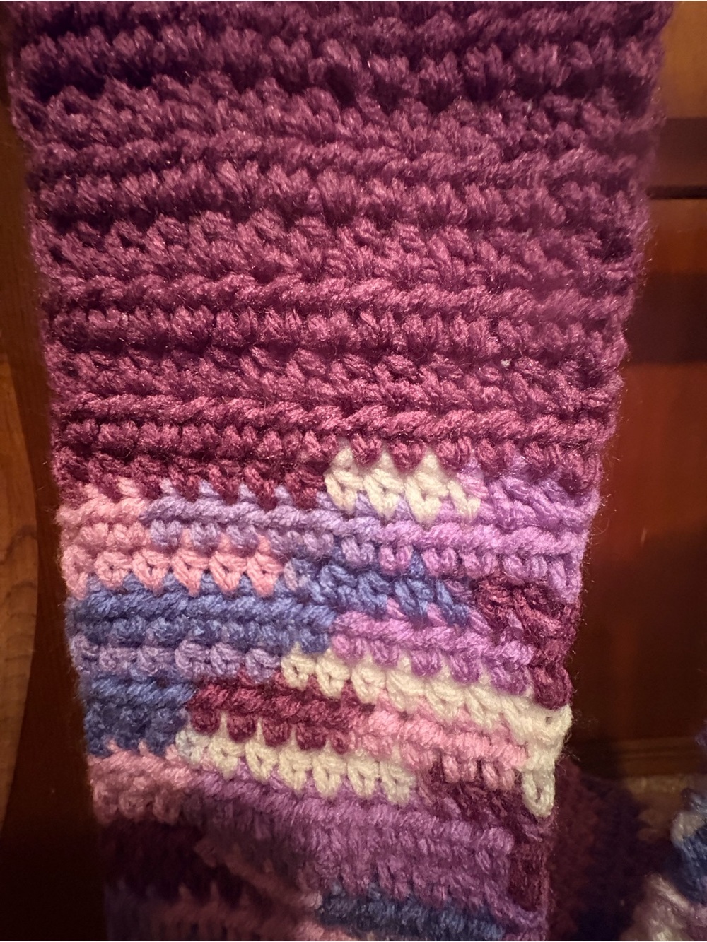 Handmade Chunky Crochet Scarf in Berry and Pastel Stripes